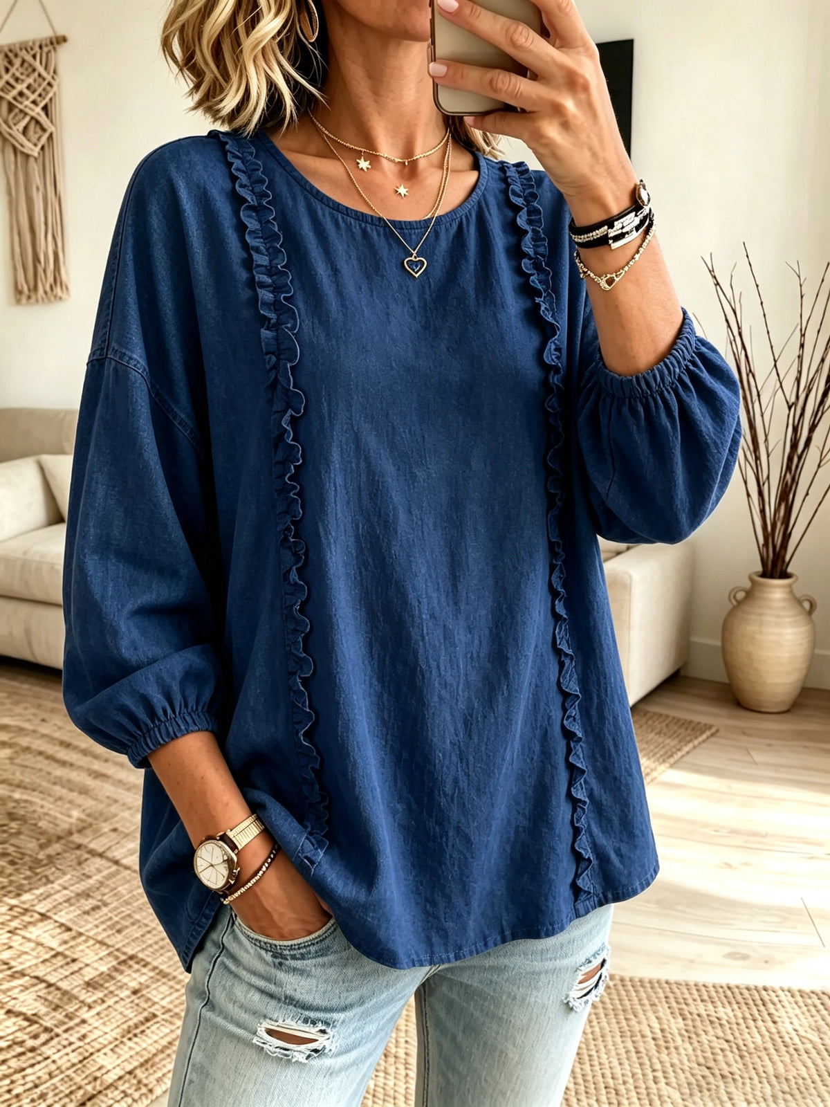 Women's Ruffle Trim Long Sleeve Blouse