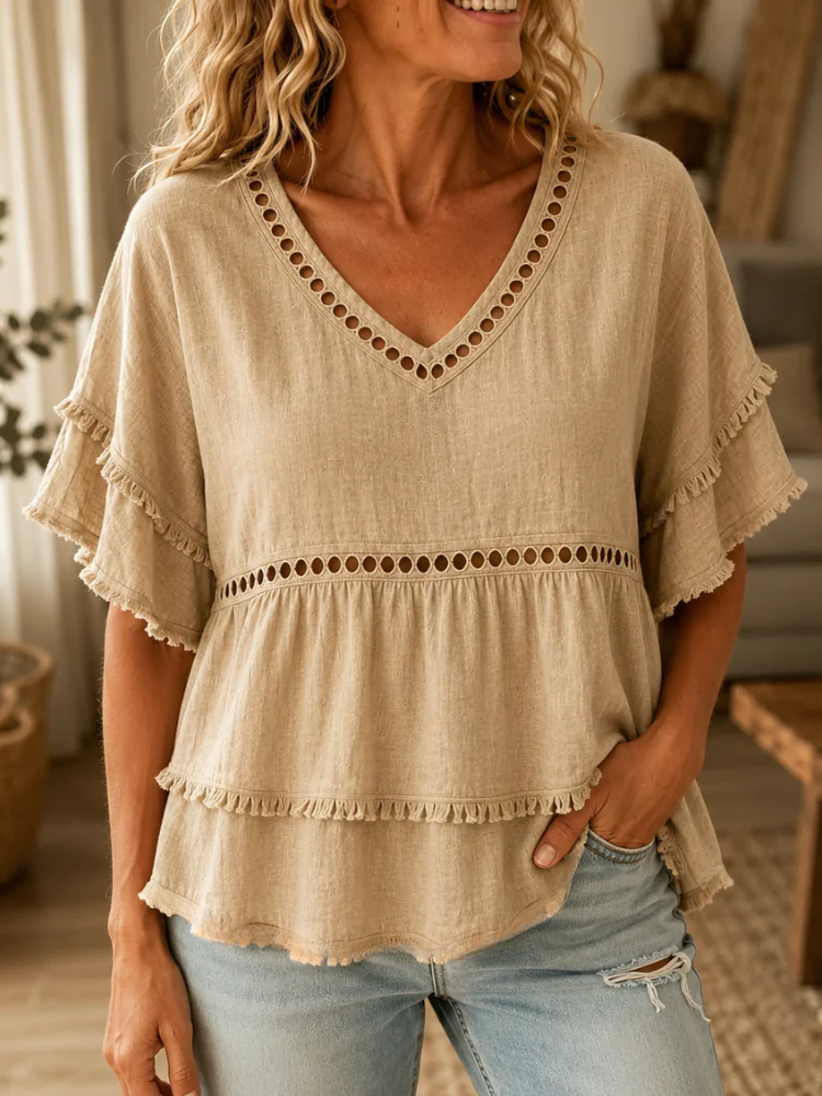 Women's Cutout Fringe Linen Blouse