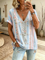 Women's Pink & Blue Vertical Stripe Floral Print V-Neck Loose Short Sleeve Top