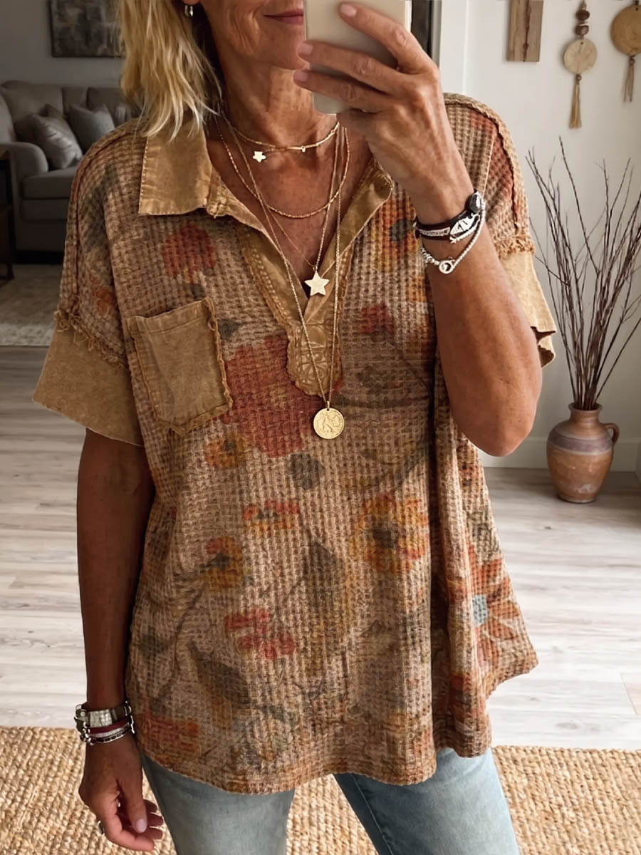Vintage Elegant Waffle Print Patchwork Shirt