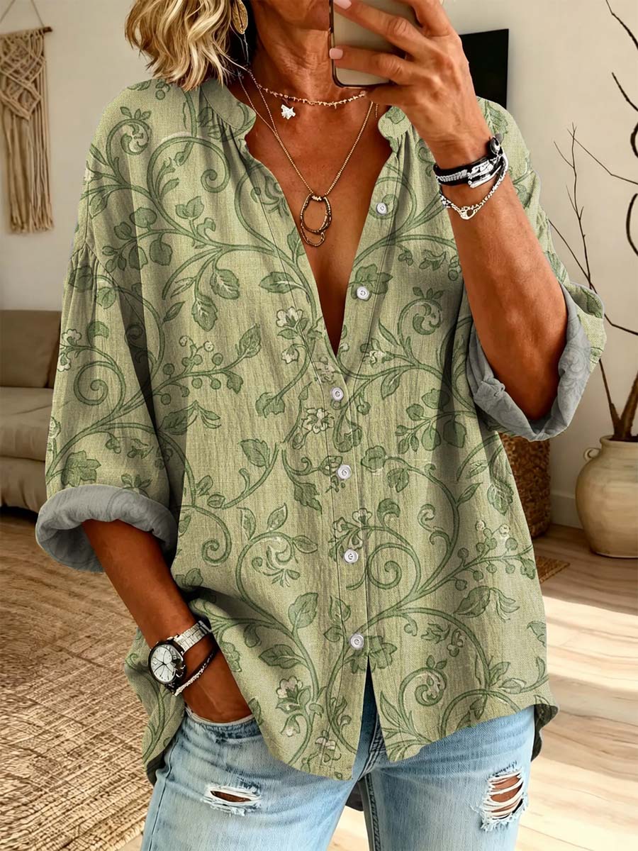 Women's Floral Pattern Art Print Casual Long Sleeve Cotton Linen Shirt