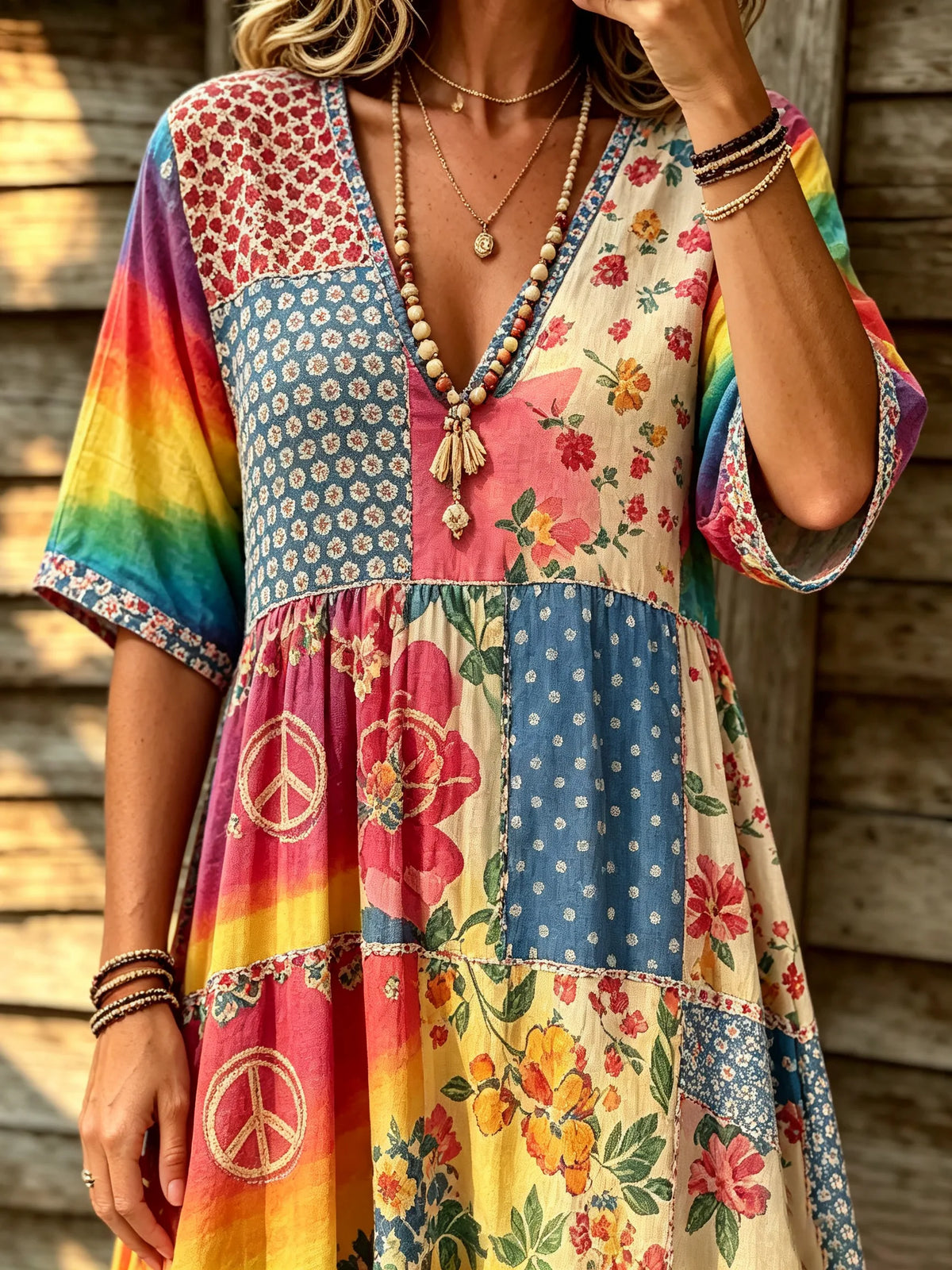 Women's Patchwork Peace Symbol Print V-Neck Flowy Maxi Dress