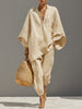 Women's Solid Color V-neck Long Sleeve Casual Loose Cotton Linen Top With Elastic Waist And Wide-leg Pants Set