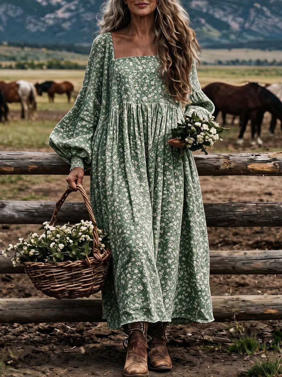 Women‘s Green Ditsy Floral Square Neck Balloon Sleeve Boho Midi Dress