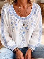 Women’s Blue Floral Embroidered Scoop Neck Puff Long Sleeve Blouse