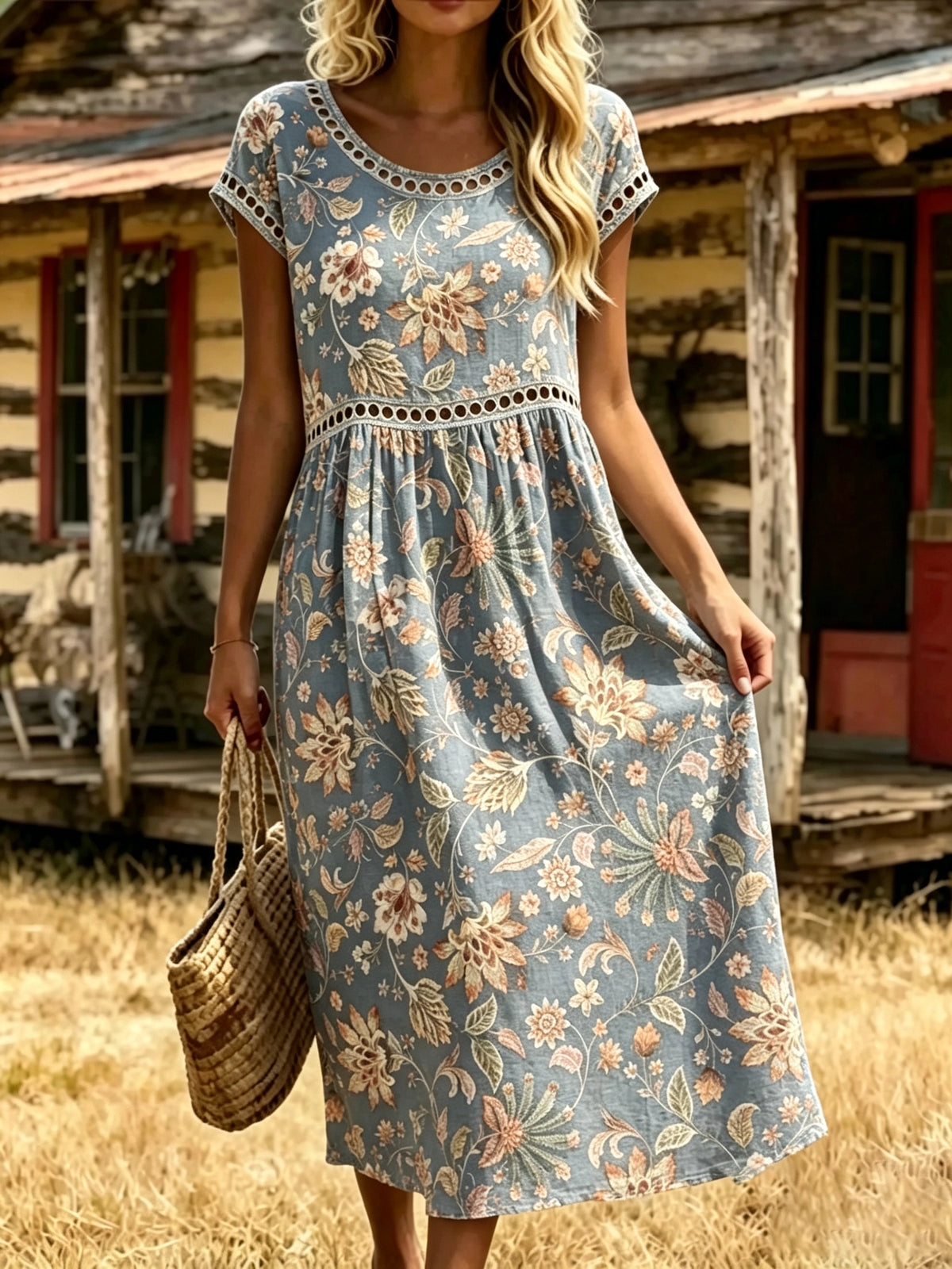 Women's Hollow Out Floral Midi Dress