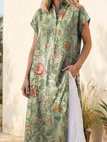 Retro Floral Pattern Art Print Casual Side Slits Stylish Cotton Linen Shirt