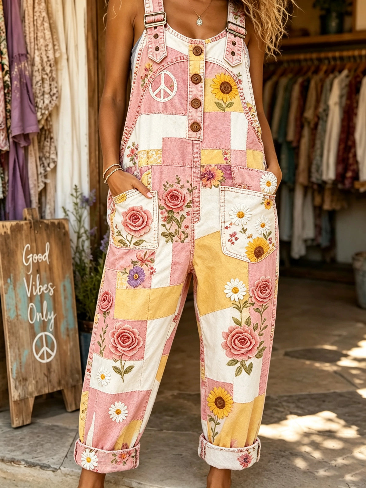 Women's Pink Floral Patchwork Print Overalls