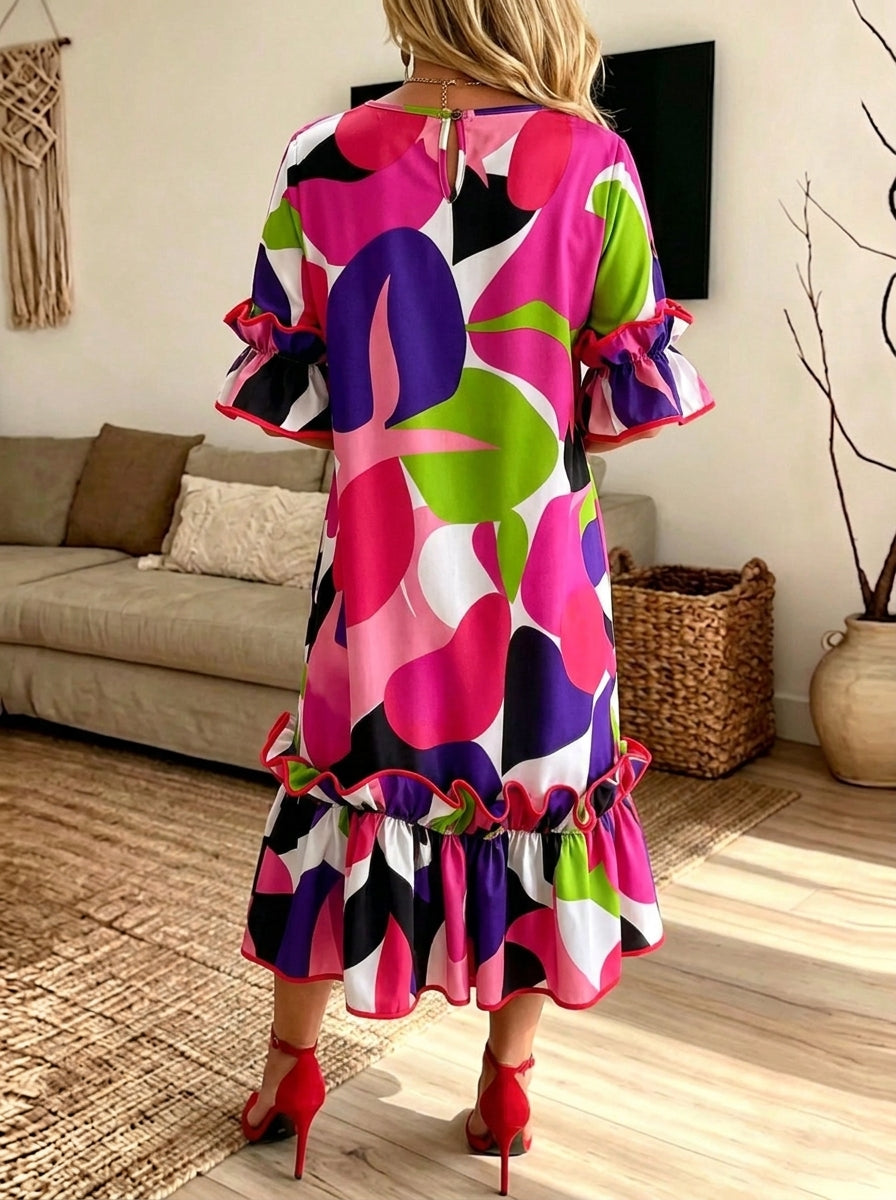 Women Women Colorful Abstract Print Ruffle Half Sleeve Midi Dress With Pockets