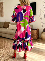 Women Women Colorful Abstract Print Ruffle Half Sleeve Midi Dress With Pockets