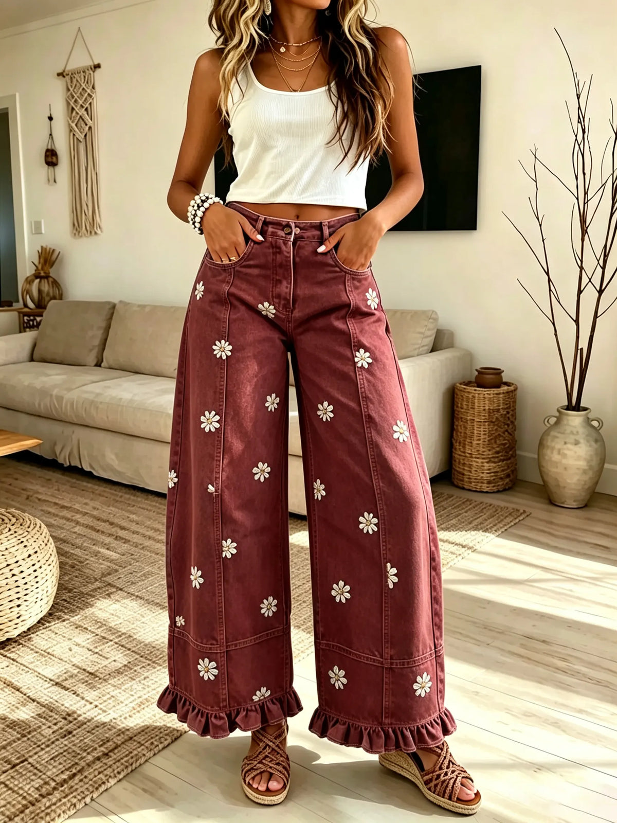 Women Solid Daisy Print Ruffle Wide Leg Denim Pants