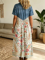 Women Denim Spliced Paisley Floral Shirt Midi Dress With Pockets