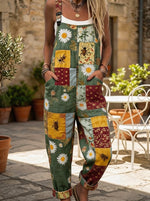 Vintage Vintage Patchwork Bee Daisy Print Adjustable Strap Loose Overalls