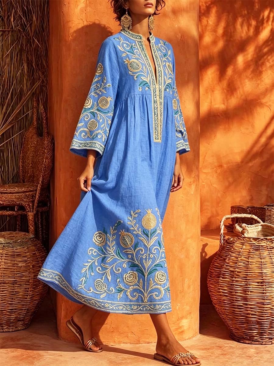 Retro Ethnic Floral Pattern Art Print Casual Stand Collar Cotton Linen Maxi Dress