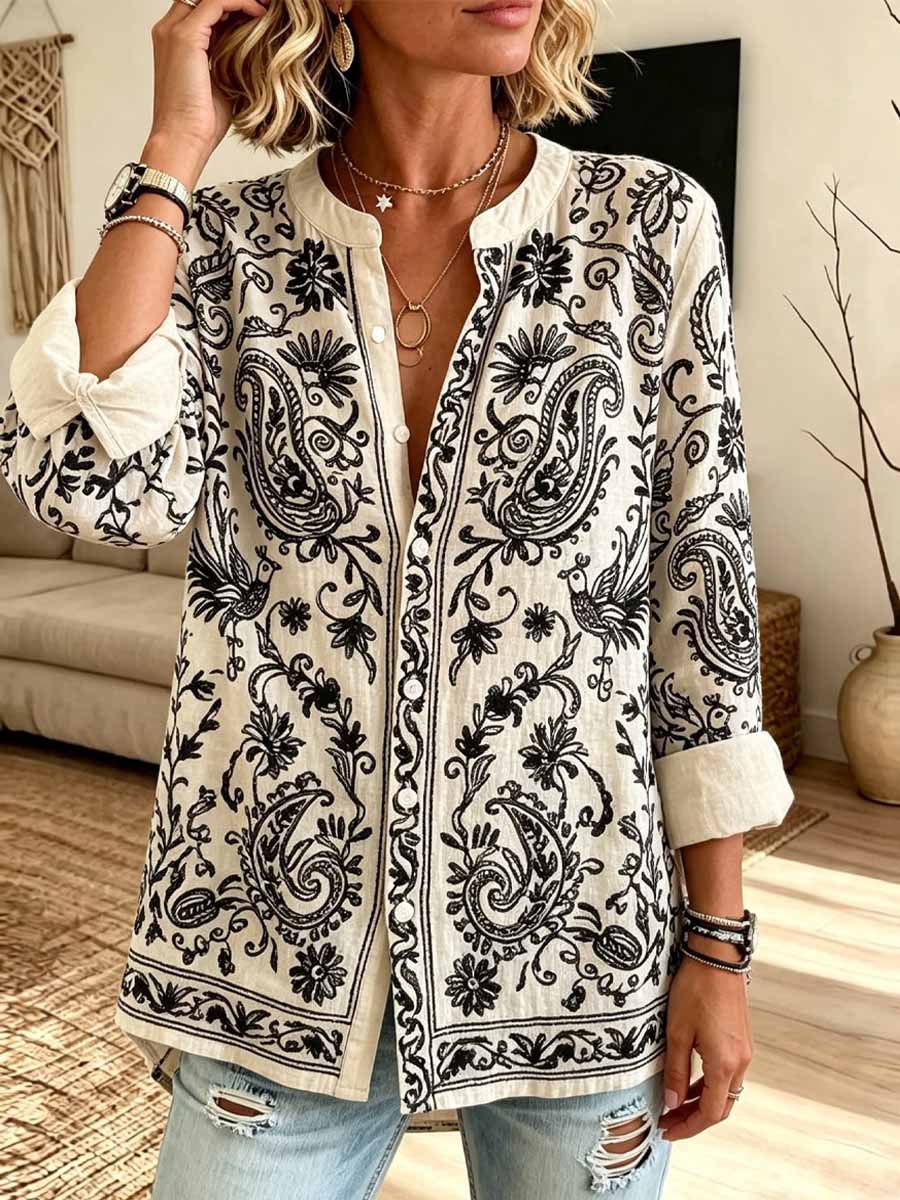 Retro Ethnic Pattern Art Print Casual Long Sleeve Cotton Linen Shirt