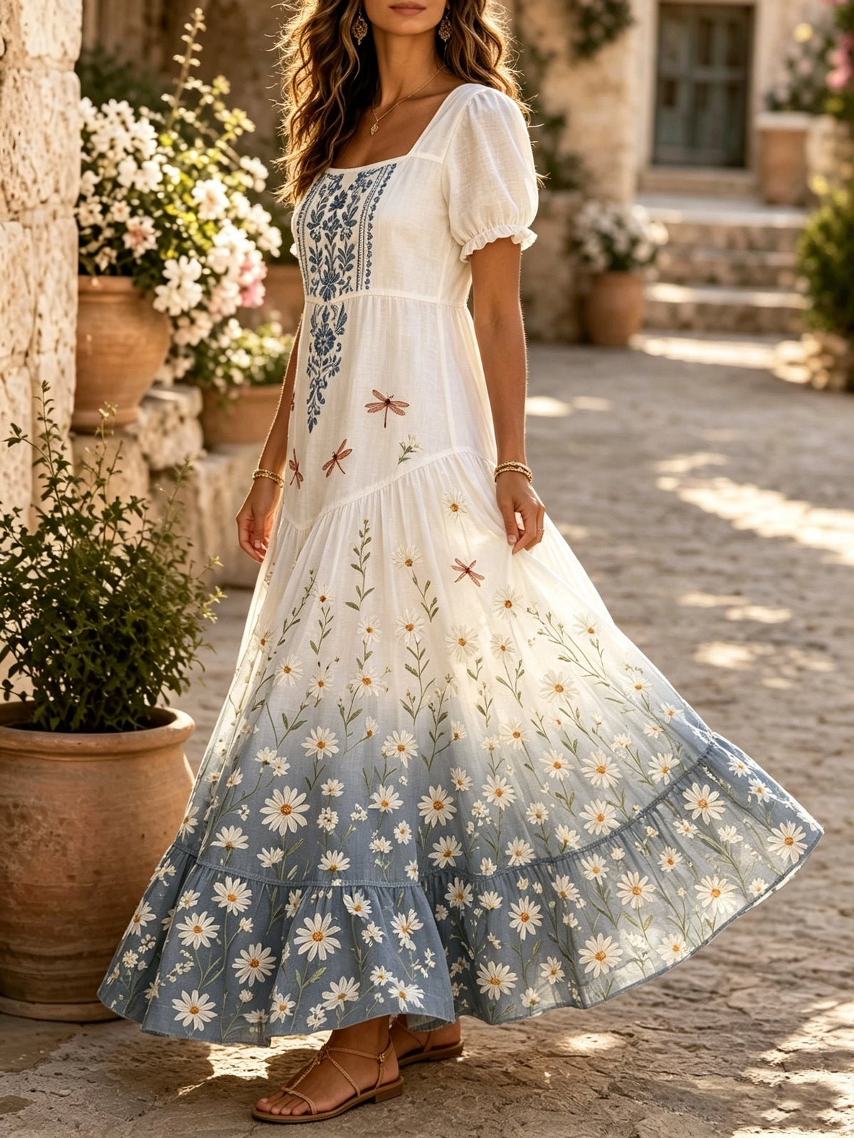 Women's Dragonfly Daisy Square-Neck Maxi Dress