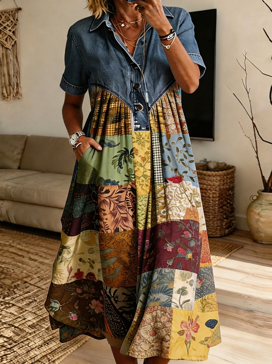 Women’s Denim Collar Patchwork Floral Print Spliced Button Front Midi Dress