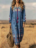 Women Ethnic Floral Print Drawstring Long Sleeve Maxi Dress