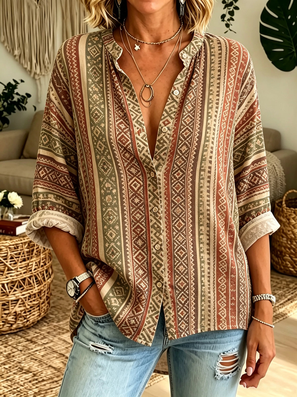 Women's Tribal Geometric Print Button-Down Shirt