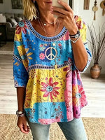 Women's Color Block Daisy Peace Logo Print Hollow Round Neck 3/4 Sleeve Babydoll Blouse