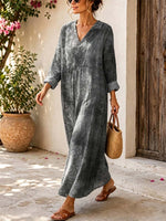 Retro Ethnic Pattern Art Print Casual V-neck Long Sleeve Cotton Linen Maxi Dress