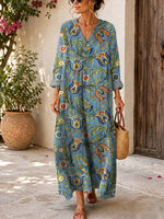 Retro Floral Pattern Art Print Casual V-neck Long Sleeve Cotton Linen Maxi Dress