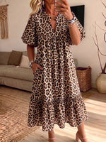 Women's Ruffle Neck Puff Sleeve Pink Floral Tiered Midi Dress With Pockets