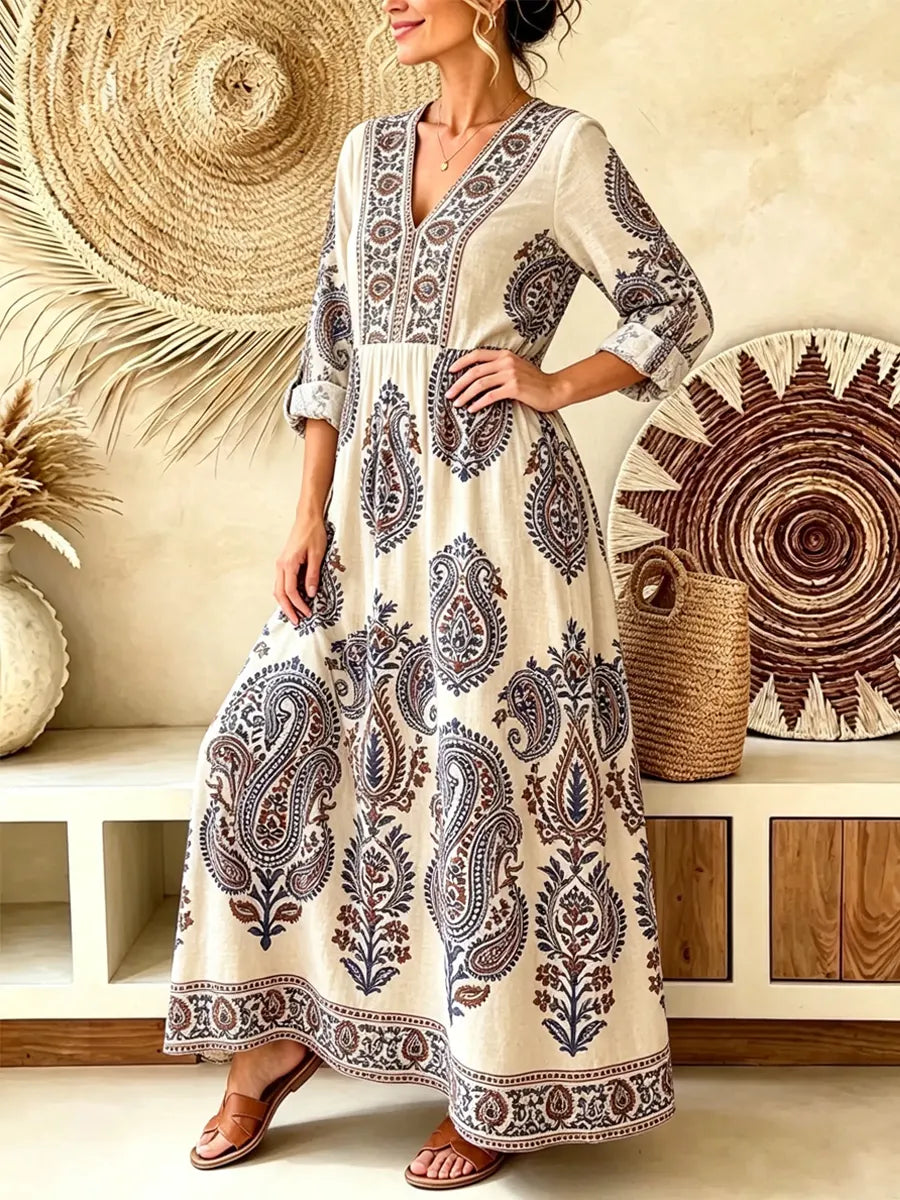 Retro Ethnic Floral Pattern Art Print Casual V-neck Cotton Linen Maxi Dress
