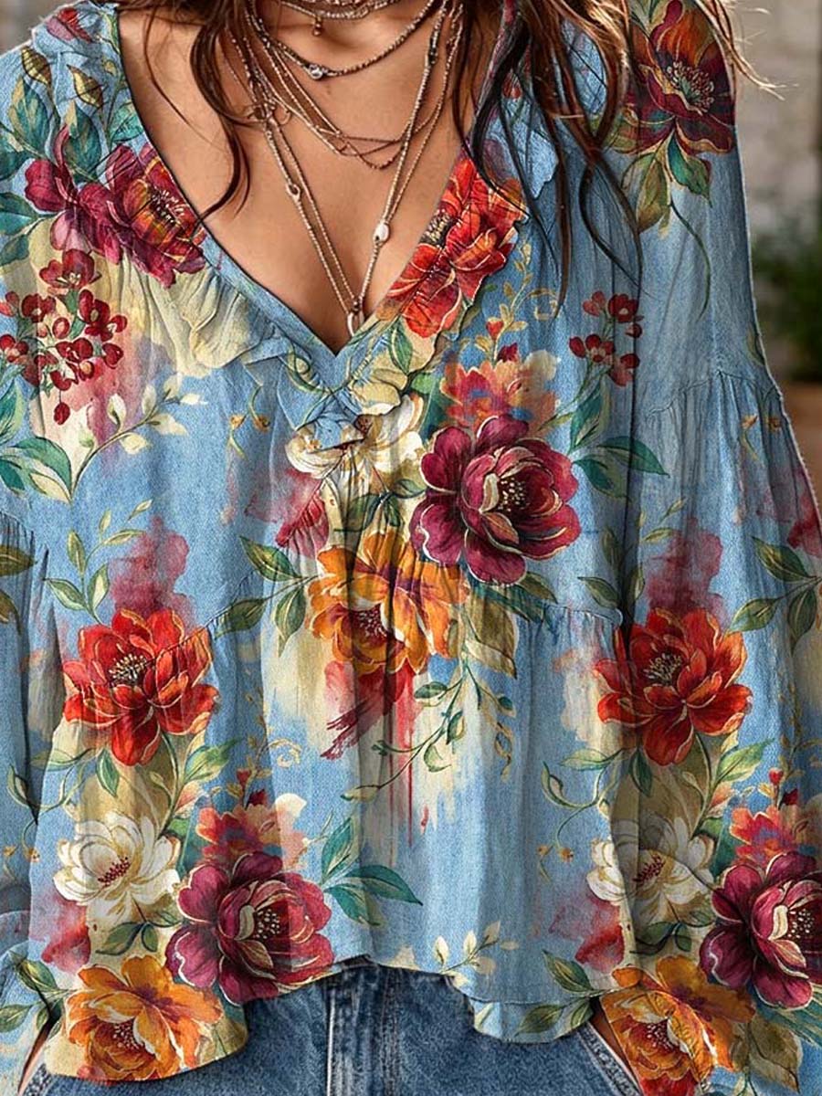 Women's Floral Pattern Art Print Ruffle Casual Long Sleeve Cotton Linen Shirt