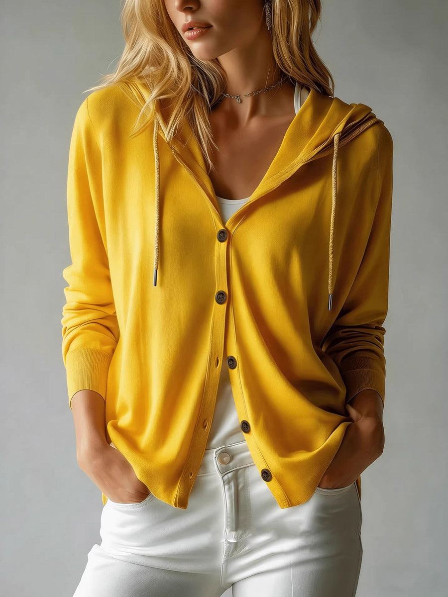 Women's Solid Color Art Casual Hooded Long Sleeve Button Knit Cardigan