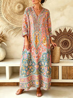 Women Pastel Floral Border Print V-neck Maxi Dress