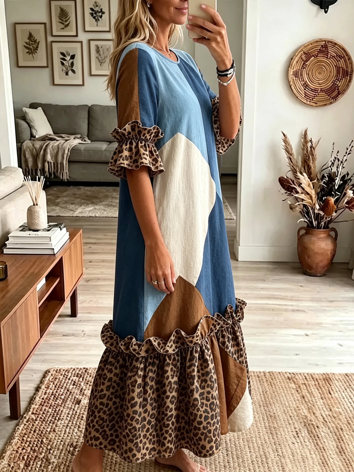 Women's Denim Blue Geometric Color Block Leopard Patchwork Ruffle Sleeve Midi Dress