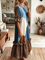 Women's Denim Blue Geometric Color Block Leopard Patchwork Ruffle Sleeve Midi Dress