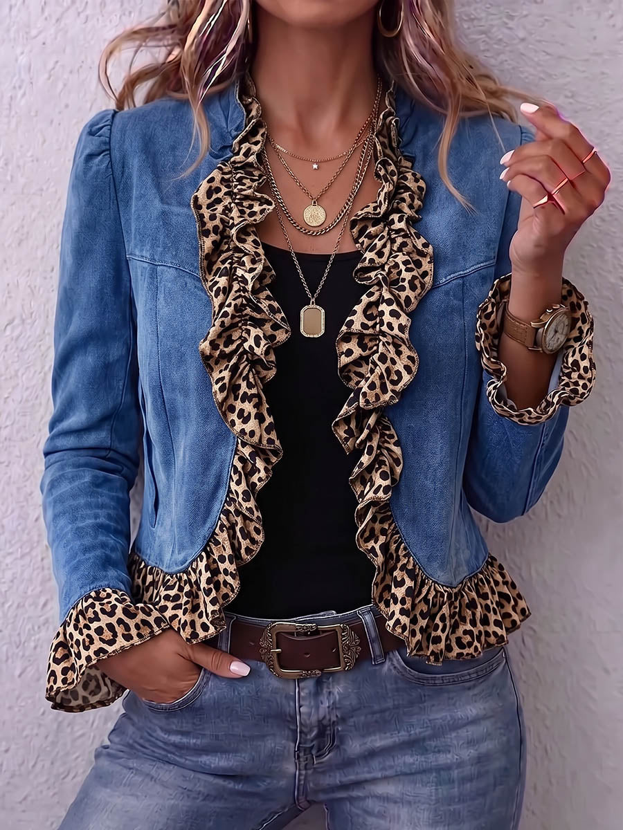 Vintage Elegant Denim Patchwork Leopard Print Ruffled Jacket
