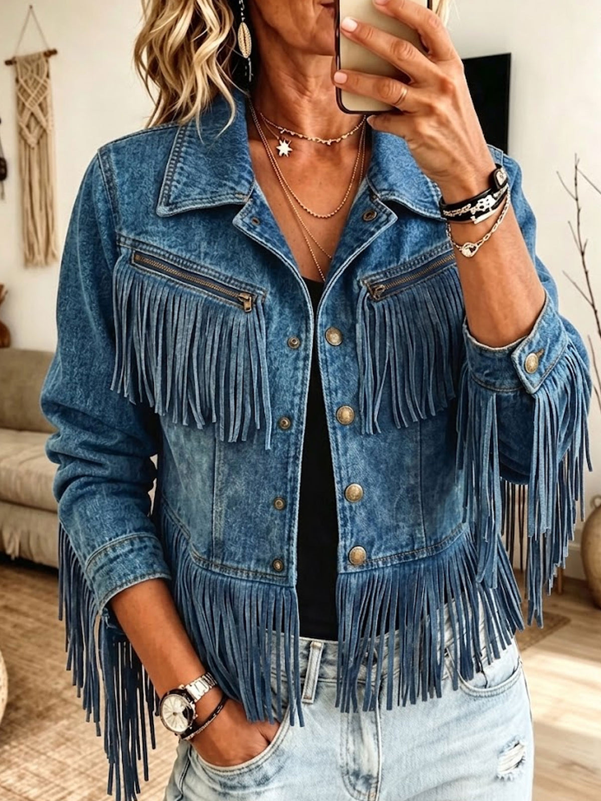 Women Cropped Fringe Denim Jacket Western Button‑Up Vintage Outerwear