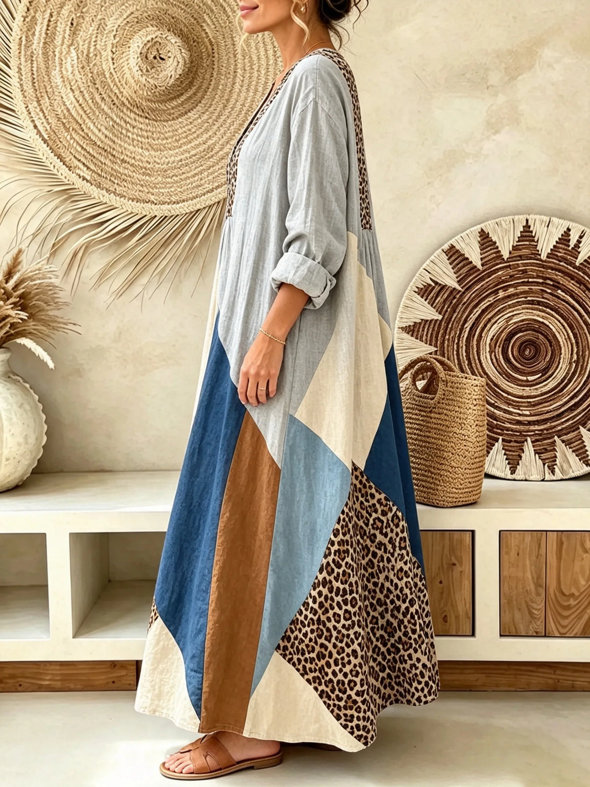 Women's Leopard Geometric Color Block Patchwork Print V-Neck Maxi Dress