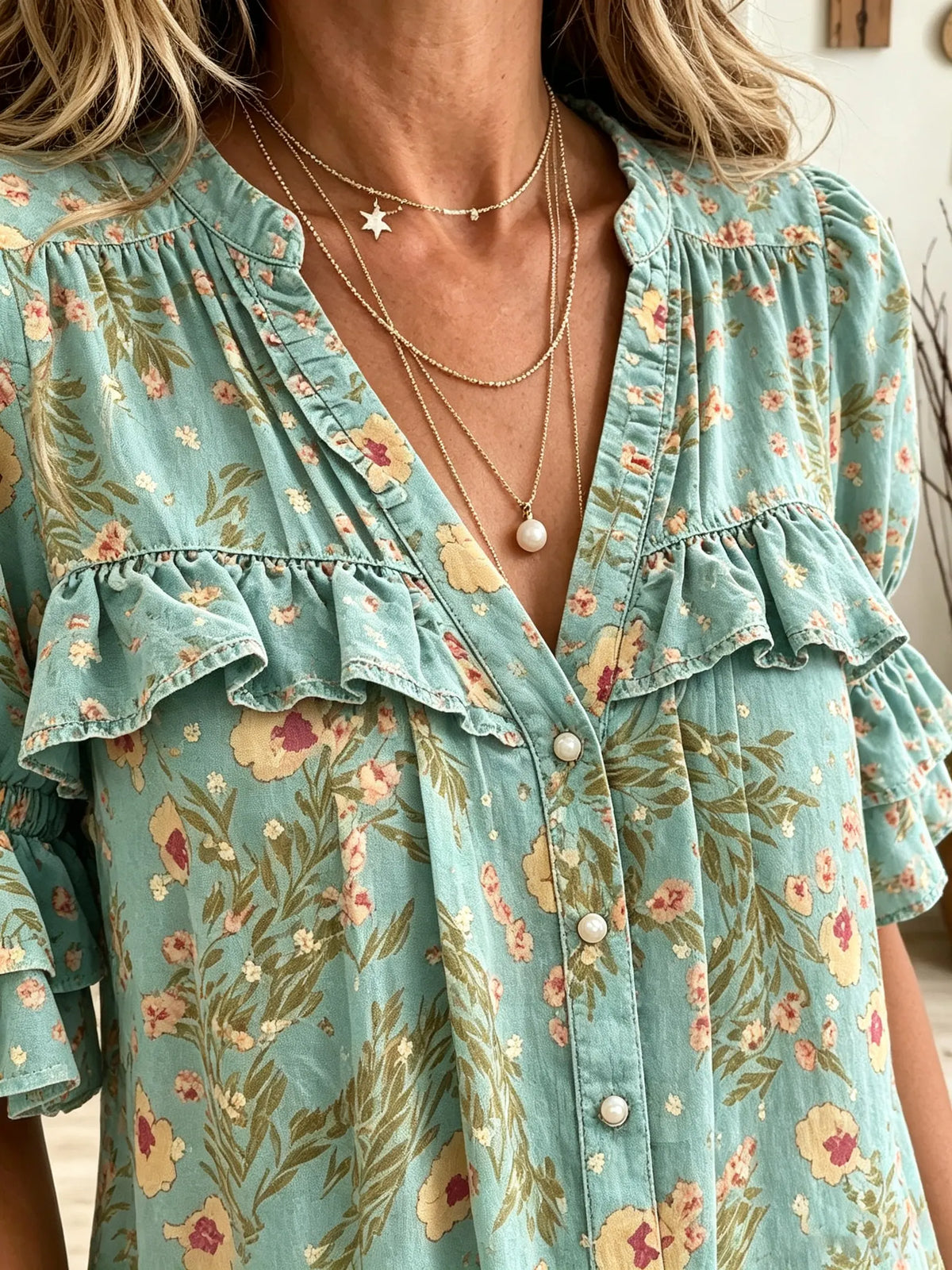 Women's Floral Print Ruffle Yoke Blouse