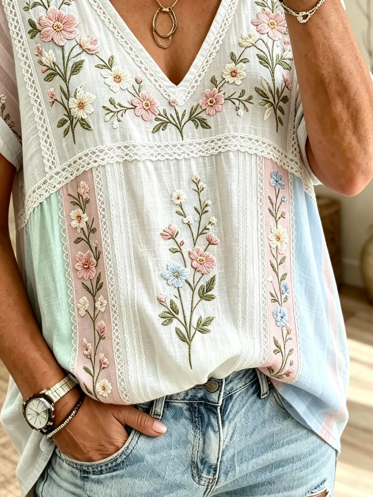 Women's Macaron Vertical Stripe Floral Print V-Neck Loose Short Sleeve Blouse