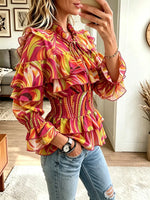 Women's Sweet And Fresh Floral Tie-front Ruched Blouse
