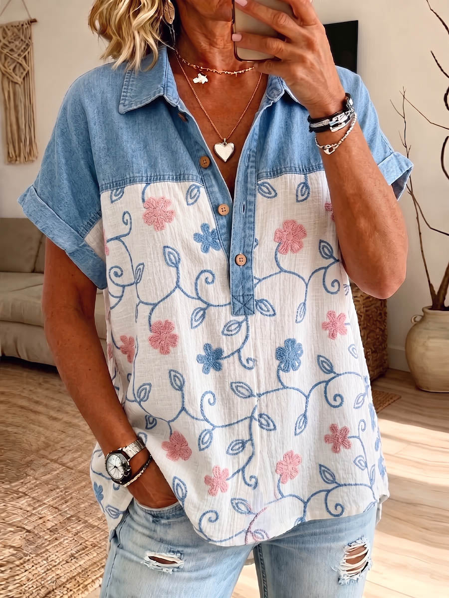 Vintage Elegant Denim Patchwork Flowers Cotton And Linen Shirt