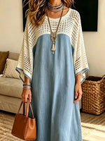 Chic Hollow Stylish Art Casual Round Neck Spliced Denim Midi Dress