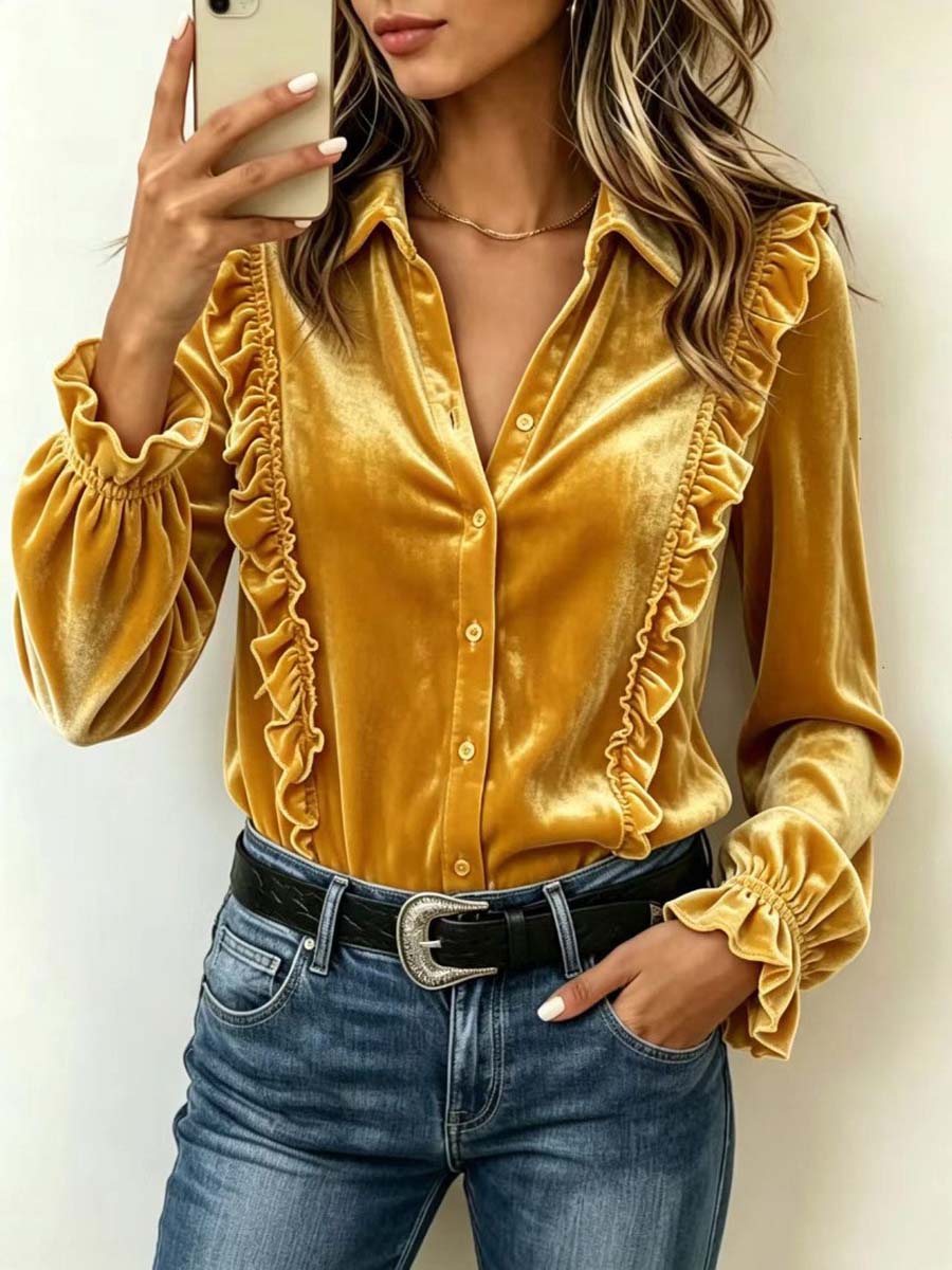 Elegant Solid Color Ruffle Lapel Art Stylish Casual Long Sleeve Shirt