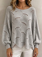 Women Hollow‑Out Wave Knit Sweater Loose Lantern Long Sleeve Casual Pullover Top