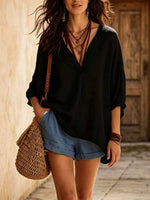Women's Solid Color Art Casual V-Collar 3/4 Sleeve Long Shirt
