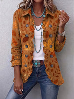 Retro Autumn Leaf Pattern Art Print Ruffle Casual Stylish Cotton Lapel Coat
