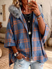 Faux Fur Hood Plaid Zip-Up Poncho Jacket