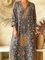 Retro Ethnic Floral Pattern Art Print Casual V-neck Cotton Linen Maxi Dress
