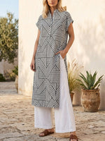 Geometric Pattern Art Print Casual Side Slits Stylish Cotton Linen Shirt