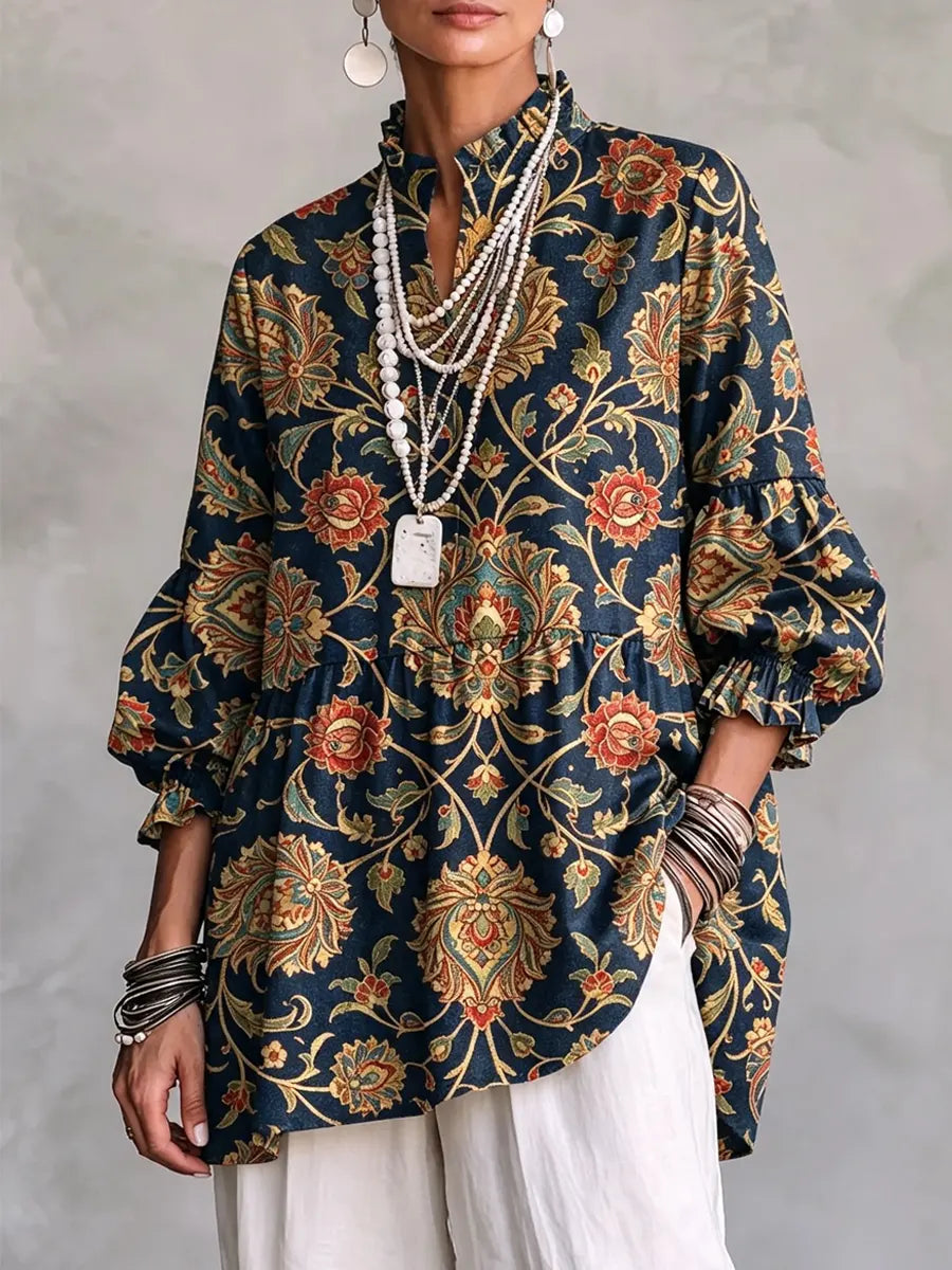 Retro Floral Art Pattern Print Ruffle Casual Stylish Cotton Linen Shirt