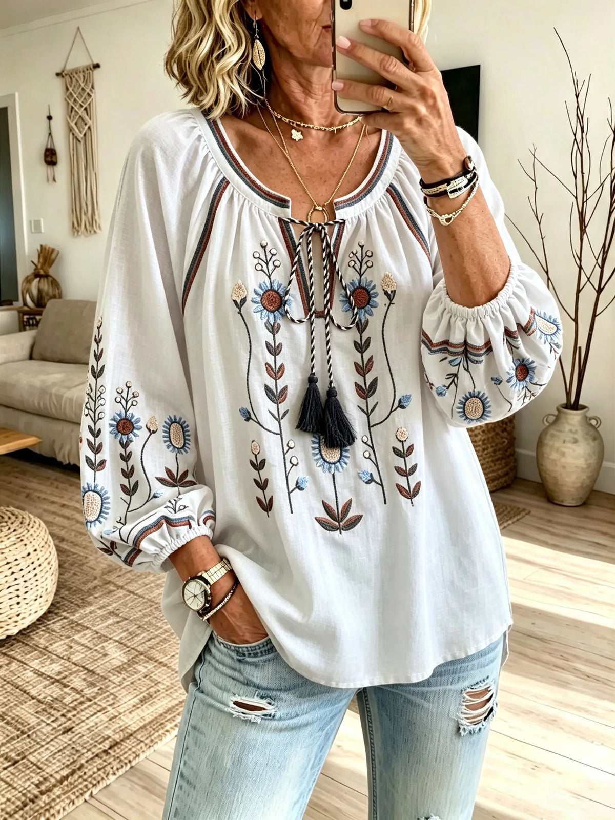Women's Colorful Daisy Floral Print Tie Neck Puff Sleeve Top